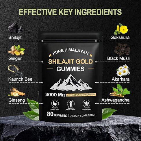 Shilajit Gummies for Men & Women, Rich in Ashwagandha Gaulshura Fulvic Acid 85 Micronutrients, No Added Sugar Non-GMO 100% Natural Organic, Energy Support & Overall Health, 80 Gummies in Saudi Arabia