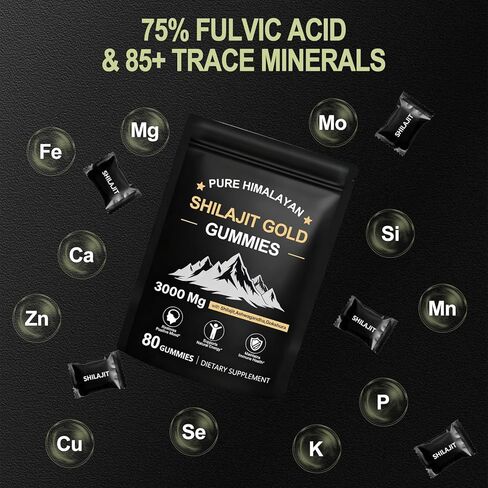 Shilajit Gummies for Men & Women, Rich in Ashwagandha Gaulshura Fulvic Acid 85 Micronutrients, No Added Sugar Non-GMO 100% Natural Organic, Energy Support & Overall Health, 80 Gummies in Saudi Arabia
