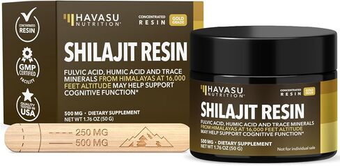 راتنج شيلاجيت الهيمالايا مع حمض الفولفيك وحمض الدبالية و80+ من المعادن النزرة - شيلاجيت من الدرجة الذهبية 500 مجم للرجال والنساء من ارتفاع 16,000 قدم - 100 وجبة - راتينج مركز وملعقة خشبية in Kuwait