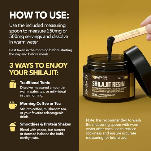 راتنج شيلاجيت الهيمالايا مع حمض الفولفيك وحمض الدبالية و80+ من المعادن النزرة - شيلاجيت من الدرجة الذهبية 500 مجم للرجال والنساء من ارتفاع 16,000 قدم - 100 وجبة - راتينج مركز وملعقة خشبية in Kuwait