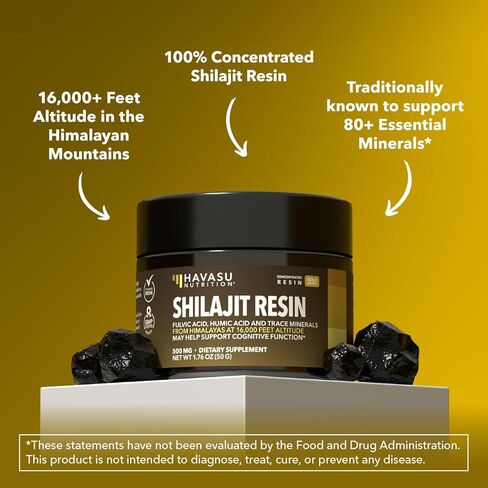 راتنج شيلاجيت الهيمالايا مع حمض الفولفيك وحمض الدبالية و80+ من المعادن النزرة - شيلاجيت من الدرجة الذهبية 500 مجم للرجال والنساء من ارتفاع 16,000 قدم - 100 وجبة - راتينج مركز وملعقة خشبية in Kuwait