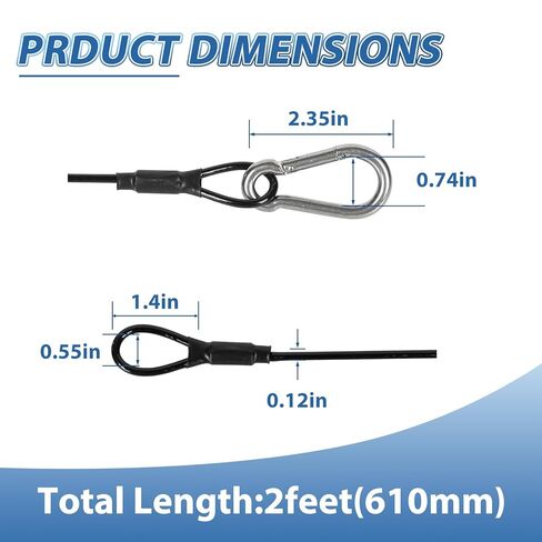 20 Pack Black Security Cables with Loops and Carabiner, 1/8" 304 Stainless Steel Safety Cables 2ft, Wire Ropes Falling Prevention for DJ Stage Light Luggage, 50lb Load Capacity in Kuwait