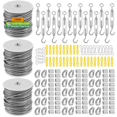 300ft 1/16" Wire Rope Kit Vinyl Coated Stainless Steel Wire M5 Turnbuckles for Outdoor String Light Hanging Kit, Clothesline Cable, Curtain Hanging (3set*100ft) in Saudi Arabia