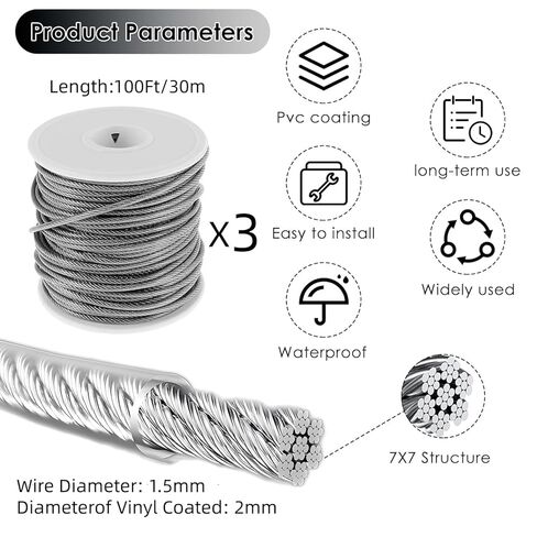 300ft 1/16" Wire Rope Kit Vinyl Coated Stainless Steel Wire M5 Turnbuckles for Outdoor String Light Hanging Kit, Clothesline Cable, Curtain Hanging (3set*100ft) in Kuwait