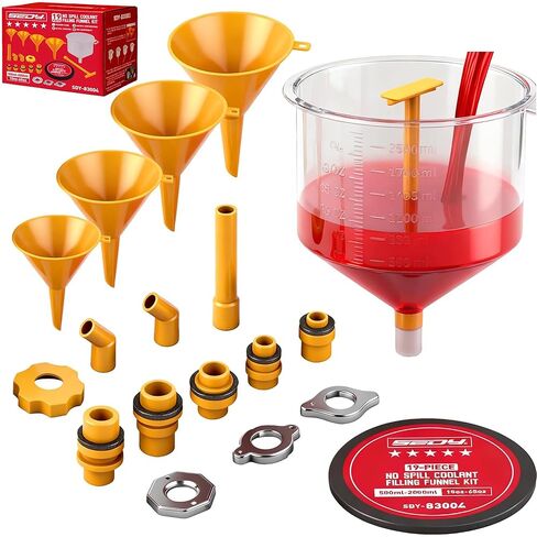 Ultimate No Spill Coolant Funnel Kit - 19-Piece Spill-Free Radiator Funnel Set, Spill Proof Radiator Bleeder Kit, Coolant Filling, Radiator Filler, Extra Funnels and Adapters for Universal Vehicle in Kuwait