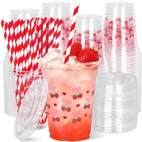 50Pcs Pink Bow Disposable Plastic Cups with Lids and Straws 12oz Cute Bow Heart Cold Beverage Drinking Cups for Bridal Shower Wedding Birthday Party Supplies in Kuwait