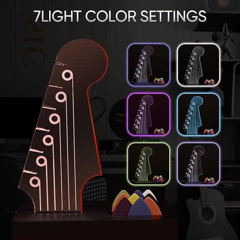 حامل اختيار الجيتار المضيء - تصميم رأس الجيتار الكهربائي، أضواء متغيرة 7 ألوان، هدايا الجيتار لمحبي الموسيقى، عرض اختيار الجيتار مع قاعدة خشبية، ملحقات جيتار رائعة وفريدة من نوعها in Kuwait