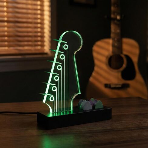 حامل اختيار الجيتار المضيء - تصميم رأس الجيتار الكهربائي، أضواء متغيرة 7 ألوان، هدايا الجيتار لمحبي الموسيقى، عرض اختيار الجيتار مع قاعدة خشبية، ملحقات جيتار رائعة وفريدة من نوعها in Kuwait