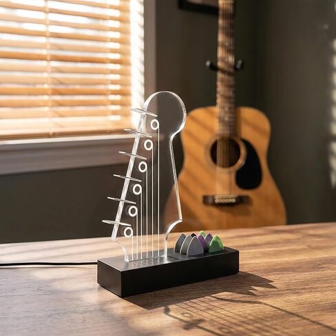 حامل اختيار الجيتار المضيء - تصميم رأس الجيتار الكهربائي، أضواء متغيرة 7 ألوان، هدايا الجيتار لمحبي الموسيقى، عرض اختيار الجيتار مع قاعدة خشبية، ملحقات جيتار رائعة وفريدة من نوعها in Kuwait