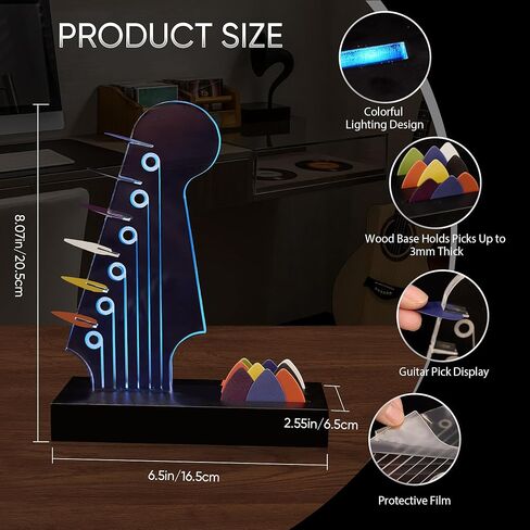 حامل اختيار الجيتار المضيء - تصميم رأس الجيتار الكهربائي، أضواء متغيرة 7 ألوان، هدايا الجيتار لمحبي الموسيقى، عرض اختيار الجيتار مع قاعدة خشبية، ملحقات جيتار رائعة وفريدة من نوعها in Kuwait