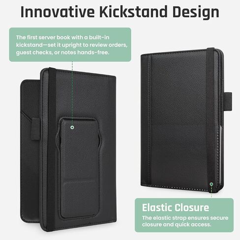 RSAquar Premium Server Book with Kickstand & Hand Strap – Waiter Book Organizer with 6 Pockets, Pen Holder, Elastic Closure – PU Leather Waitress Wallet Fits Apron Pocket, 5.12" x 7.91", Black in Saudi Arabia