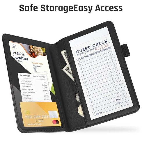 RSAquar Premium Server Book with Kickstand & Hand Strap – Waiter Book Organizer with 6 Pockets, Pen Holder, Elastic Closure – PU Leather Waitress Wallet Fits Apron Pocket, 5.12" x 7.91", Black in Saudi Arabia