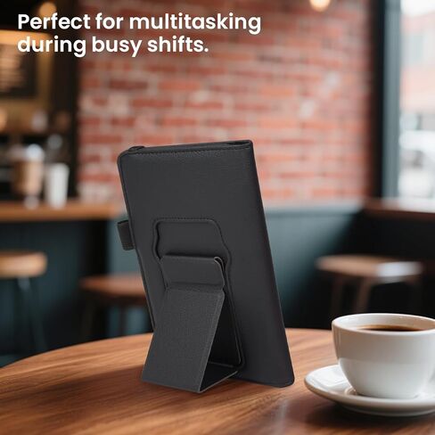 RSAquar Premium Server Book with Kickstand & Hand Strap – Waiter Book Organizer with 6 Pockets, Pen Holder, Elastic Closure – PU Leather Waitress Wallet Fits Apron Pocket, 5.12" x 7.91", Black in Saudi Arabia