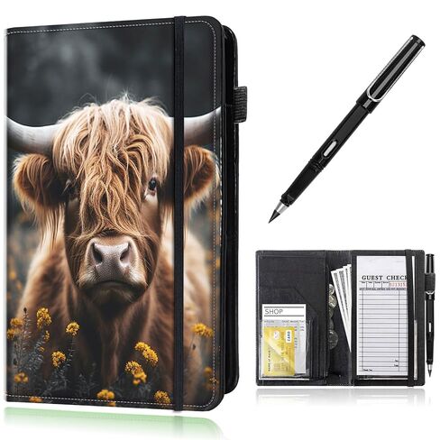 Server Book,Waitress Book,Waiter Book Server Organizer with Zipper Pocket,Leather Waitress & Waitstaff Book Wallet with Card Slot Guest Check Holder 9 x 5 Inch Server Book,Highland Cow Cattle in Saudi Arabia