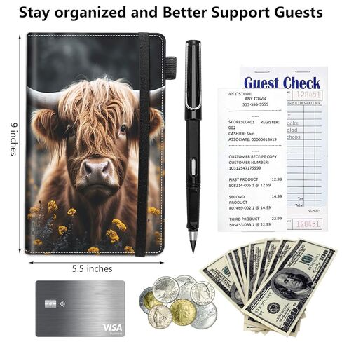 Server Book,Waitress Book,Waiter Book Server Organizer with Zipper Pocket,Leather Waitress & Waitstaff Book Wallet with Card Slot Guest Check Holder 9 x 5 Inch Server Book,Highland Cow Cattle in Saudi Arabia