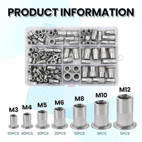 165 Pcs Stainless Steel Rivet Nut Tool Kit 304 Stainless Steel Rivet Nut Combination, Suitable for Furniture, Decoration, Automotive, and Industrial Applications in Saudi Arabia