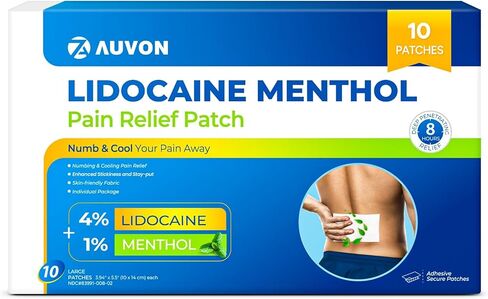 AUVON Max Strength Lidocaine OTC Pain Relief Patches (10 Count), 4% Lidocaine & 1% Menthol Penetrates for Fast, Targeted Relief of Back, Shoulder, Neck & Joint Pain, Adhesive Secure Patches Included in Saudi Arabia