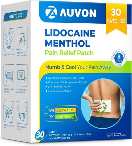 AUVON Max Strength Lidocaine OTC Pain Relief Patches (10 Count), 4% Lidocaine & 1% Menthol Penetrates for Fast, Targeted Relief of Back, Shoulder, Neck & Joint Pain, Adhesive Secure Patches Included in Kuwait