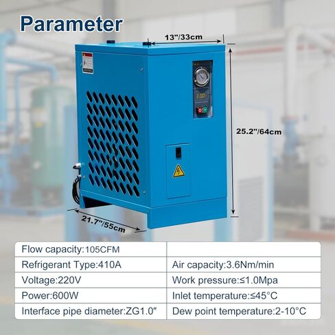 مجفف هواء صناعي مبرد للخدمة الشاقة - 105 قدم مكعب في الدقيقة، 0.885 كيلو واط، 220 فولت للضواغط اللولبية الدوارة بقدرة 30 حصان - نظام التبريد R134a - يزيل الرطوبة والزيت والغبار لورش العمل والمصانع وماكينات CNC in Kuwait