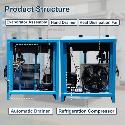 مجفف هواء صناعي مبرد للخدمة الشاقة - 105 قدم مكعب في الدقيقة، 0.885 كيلو واط، 220 فولت للضواغط اللولبية الدوارة بقدرة 30 حصان - نظام التبريد R134a - يزيل الرطوبة والزيت والغبار لورش العمل والمصانع وماكينات CNC in Kuwait