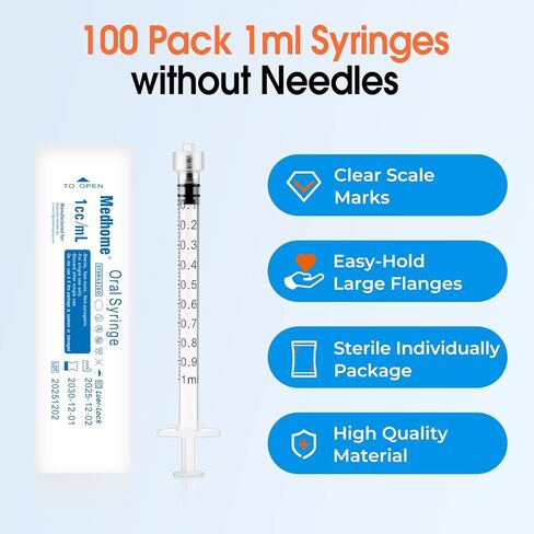 100 Pack 1mL Luer Lock Syringe (No Needle) , Sterile & Individually Wrapped, Professional, Industrial & Personal Use in Kuwait