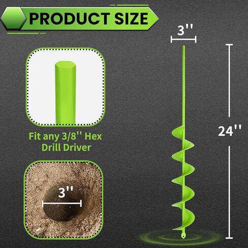 3"x24" Heavy Duty Auger Drill Bit for High-Torque Drill – One-Piece Carbon Steel Earth Auger for Deep Tree Planting, Fence Post Holes – Handles Hard Clay & Compacted Soil, Green in Kuwait