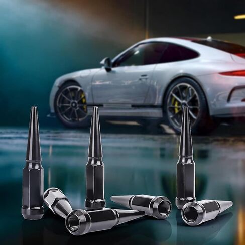 24pc M14x2 صواميل العروة المسننة 4.4 "مقعد مخروط الرصاص الأسود مع مفتاح المقبس | FIT F-150/Silverado 1500/RAM 1500/Land Cruiser (60 ° Conical) in Kuwait
