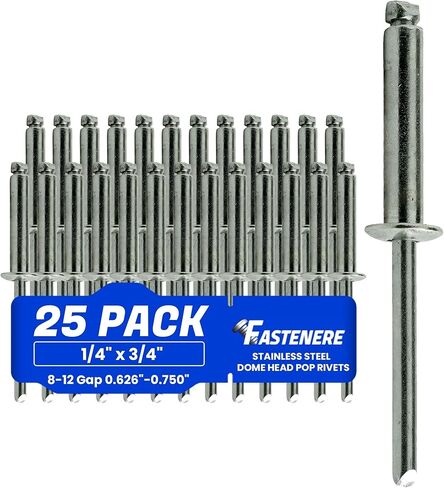 مسامير تثبيت Fastenere Pop - 1/4 بوصة × 3/4 بوصة (25 قطعة) شديدة التحمل، نهاية مفتوحة، من الفولاذ المقاوم للصدأ، مسامير برشام عمياء على شكل قبة، مقاومة للتآكل، قوة شد عالية وقص، 8-12 فجوة 0.626 بوصة - 0.750 بوصة in Kuwait
