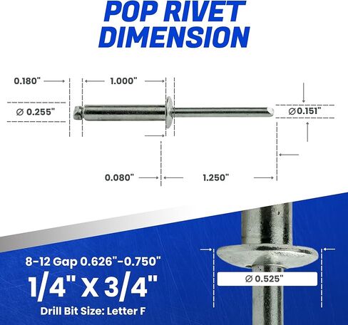 مسامير تثبيت Fastenere Pop - 1/4 بوصة × 3/4 بوصة (25 قطعة) شديدة التحمل، نهاية مفتوحة، من الفولاذ المقاوم للصدأ، مسامير برشام عمياء على شكل قبة، مقاومة للتآكل، قوة شد عالية وقص، 8-12 فجوة 0.626 بوصة - 0.750 بوصة in Kuwait