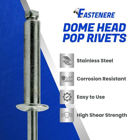 مسامير تثبيت Fastenere Pop - 1/4 بوصة × 3/4 بوصة (25 قطعة) شديدة التحمل، نهاية مفتوحة، من الفولاذ المقاوم للصدأ، مسامير برشام عمياء على شكل قبة، مقاومة للتآكل، قوة شد عالية وقص، 8-12 فجوة 0.626 بوصة - 0.750 بوصة in Kuwait