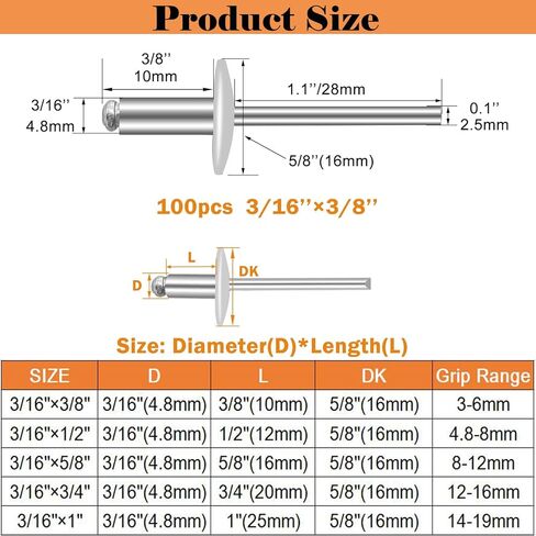 100pcs Aluminum Large Flange Blind Rivets, 3/16" x 3/8", Flange Diameter 5/8" (16 mm), Pop Rivets Assortment Kit Blind Rivet by Bolt Dropper, Grip Range(3-6mm) in Kuwait