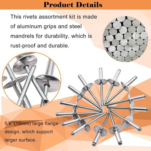 100pcs Aluminum Large Flange Blind Rivets, 3/16" x 3/8", Flange Diameter 5/8" (16 mm), Pop Rivets Assortment Kit Blind Rivet by Bolt Dropper, Grip Range(3-6mm) in Kuwait