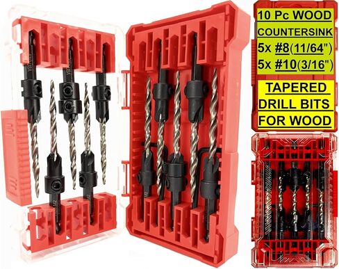 FTG USA 10 Pc #6 (9/64") Countersink Drill Bit Set with Tapered Drill Bit for Woodworking, 2 Pc Depth Stop, 2 Hex Wrench in Storage Container in Saudi Arabia