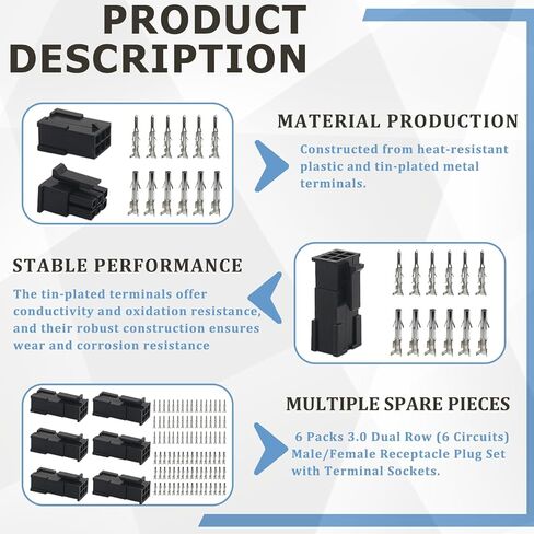 6 مجموعة كاملة - (6 دوائر) لسلك 14-20 AWG، موصلات ذكر/أنثى ذات 6 دبابيس مع أطراف قفل، متوافقة مع مجموعة موصلات موليكس mlx in Kuwait