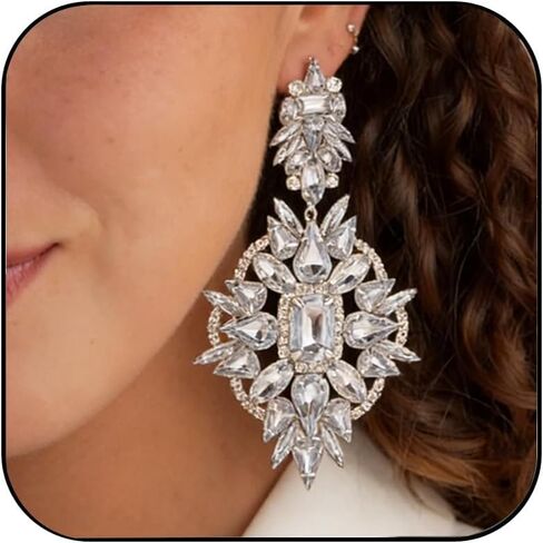 مقطع فضية على أقراط تتدلى بالنسبة للنساء في بيان راينستون الكبير أقراط الثريا غير مثقوبة للنساء حفلة موسيقية إكسسوارات المجوهرات العصرية in Kuwait