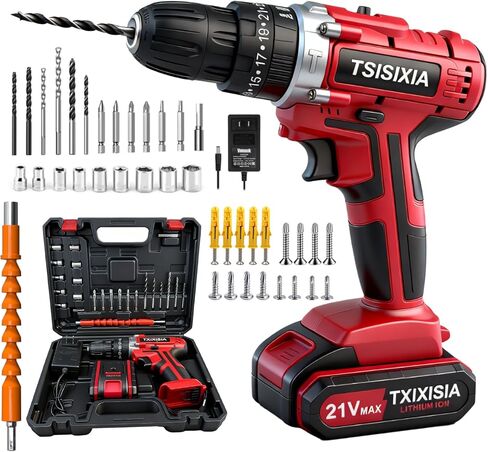 21V Max Cordless Drill Driver Set with 2 Lithium Batteries & Fast Charger 3/8" Keyless Chuck Electric Screwdriver 25+1 Torque Settings, 29-Piece Accessories Portable Case for Wood/Metal DIY Projects in Kuwait