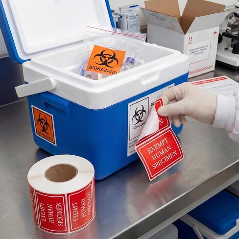 Mifoci 1 Roll 500 Labels Exempt Human Specimen Medical Healthcare Labels 1.5 x 3 Inch Red Rectangle Exempt Specimen Label Sticker for Medical and Industrial Use and More in Kuwait