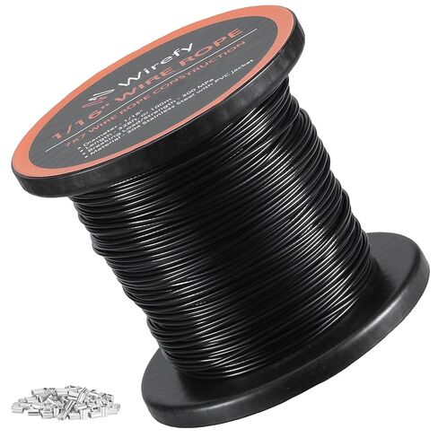 Wirefy Wire Rope - كابل من الفولاذ المقاوم للصدأ 1/16 بوصة 304 مطلي بـ PVC - حمل كسر عالي القوة 300 ميجا باسكال - 100 أكمام مجعدة - حبل غسيل لتزيين السياج - 328 قدمًا (100 متر) - أسود in Kuwait