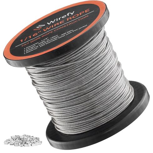 Wirefy Wire Rope - كابل من الفولاذ المقاوم للصدأ 1/16 بوصة 304 مطلي بـ PVC - حمل كسر عالي القوة 300 ميجا باسكال - 100 أكمام مجعدة - حبل غسيل لتزيين السياج - 328 قدمًا (100 متر) - أسود in Kuwait