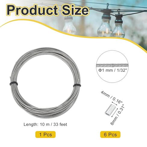 PATIKIL 1/32" Wire Rope, 33 ft 304 Stainless Steel Wire Cable Black Vinyl Coated with 20pcs M1 Crimping Sleeves, Clear in Saudi Arabia