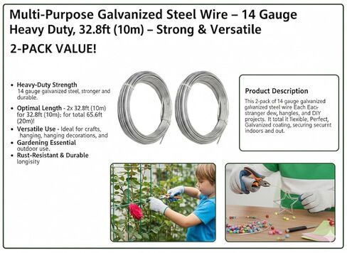 2 Pack - Multi-Purpose Galvanized Steel Wire, 14 Gauge Heavy Duty, 32.8ft Long – Ideal for Crafts, Hanging, and Gardening in Kuwait