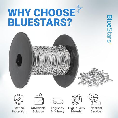 طقم حبل سلكي مقاس 1/32 بوصة من BlueStars - حبل سلكي بطول 200 قدم مع 50 قطعة من سدادات الأكمام المجعدة من الألومنيوم - كابل فولاذي مجدول ثقيل 7 × 7 لقضبان سطح السفينة، وأضواء سلسلة، وتعريشة الحديقة والمزيد in Saudi Arabia