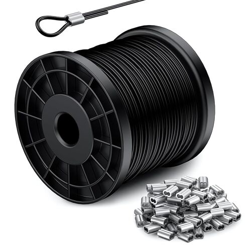 328FT 304 كابل سلك حبل من الفولاذ المقاوم للصدأ، مطلي بالفينيل الأسود، 150 قطعة 1/16 بوصة أكمام دائرية من الألومنيوم لكابل الإضاءة وخطوط الغسيل والتعريشة in Kuwait