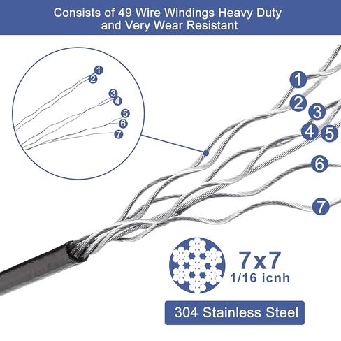328FT 304 كابل سلك حبل من الفولاذ المقاوم للصدأ، مطلي بالفينيل الأسود، 150 قطعة 1/16 بوصة أكمام دائرية من الألومنيوم لكابل الإضاءة وخطوط الغسيل والتعريشة in Kuwait
