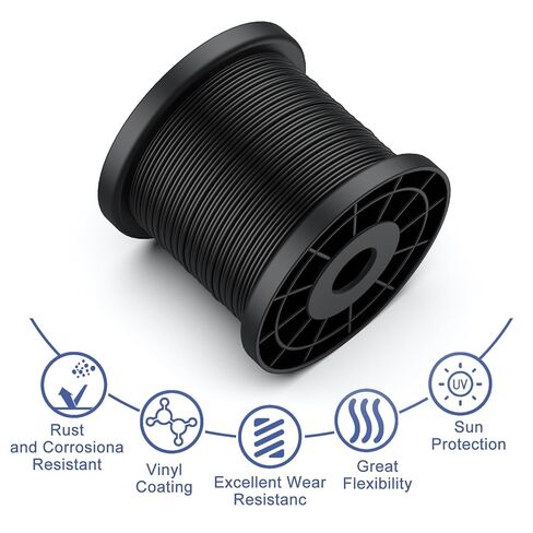 328FT 304 كابل سلك حبل من الفولاذ المقاوم للصدأ، مطلي بالفينيل الأسود، 150 قطعة 1/16 بوصة أكمام دائرية من الألومنيوم لكابل الإضاءة وخطوط الغسيل والتعريشة in Kuwait