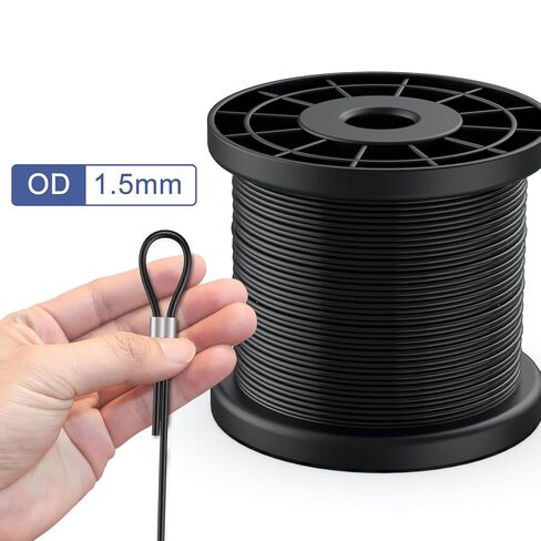 328FT 304 كابل سلك حبل من الفولاذ المقاوم للصدأ، مطلي بالفينيل الأسود، 150 قطعة 1/16 بوصة أكمام دائرية من الألومنيوم لكابل الإضاءة وخطوط الغسيل والتعريشة in Kuwait