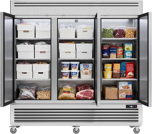 Coolake 82 "عرض الفريزر التجاري 3 أبواب صلبة، 72 قدم مكعب من الفولاذ المقاوم للصدأ يمكن الوصول إلى الفريزر العمودي مع إضاءة LED، مروحة تبريد الفريزر لمطعم بار متجر فندق منطقة إعداد المطبخ in Kuwait