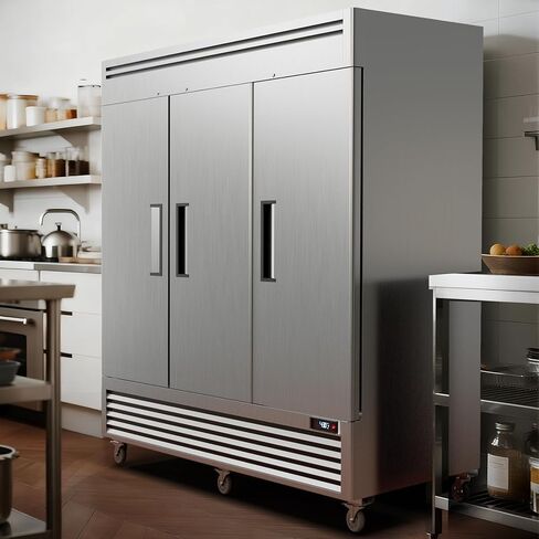 Coolake 82 "عرض الفريزر التجاري 3 أبواب صلبة، 72 قدم مكعب من الفولاذ المقاوم للصدأ يمكن الوصول إلى الفريزر العمودي مع إضاءة LED، مروحة تبريد الفريزر لمطعم بار متجر فندق منطقة إعداد المطبخ in Kuwait