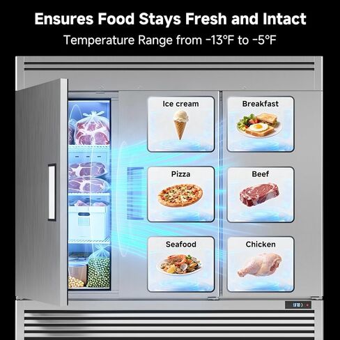 Coolake 82 "عرض الفريزر التجاري 3 أبواب صلبة، 72 قدم مكعب من الفولاذ المقاوم للصدأ يمكن الوصول إلى الفريزر العمودي مع إضاءة LED، مروحة تبريد الفريزر لمطعم بار متجر فندق منطقة إعداد المطبخ in Kuwait