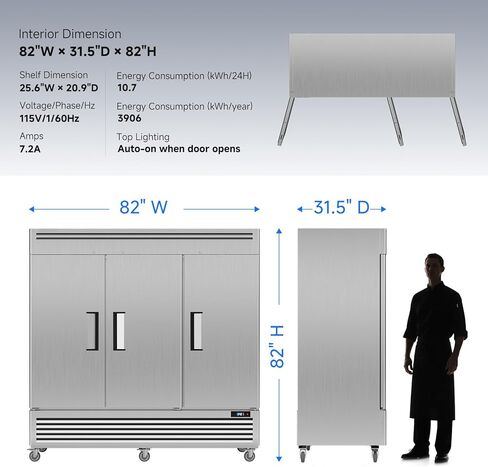 Coolake 82 "عرض الفريزر التجاري 3 أبواب صلبة، 72 قدم مكعب من الفولاذ المقاوم للصدأ يمكن الوصول إلى الفريزر العمودي مع إضاءة LED، مروحة تبريد الفريزر لمطعم بار متجر فندق منطقة إعداد المطبخ in Kuwait